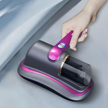 Wireless uv mite removal vacuum cleaner handheld pet hair remover in purple and black with transparent dust collection