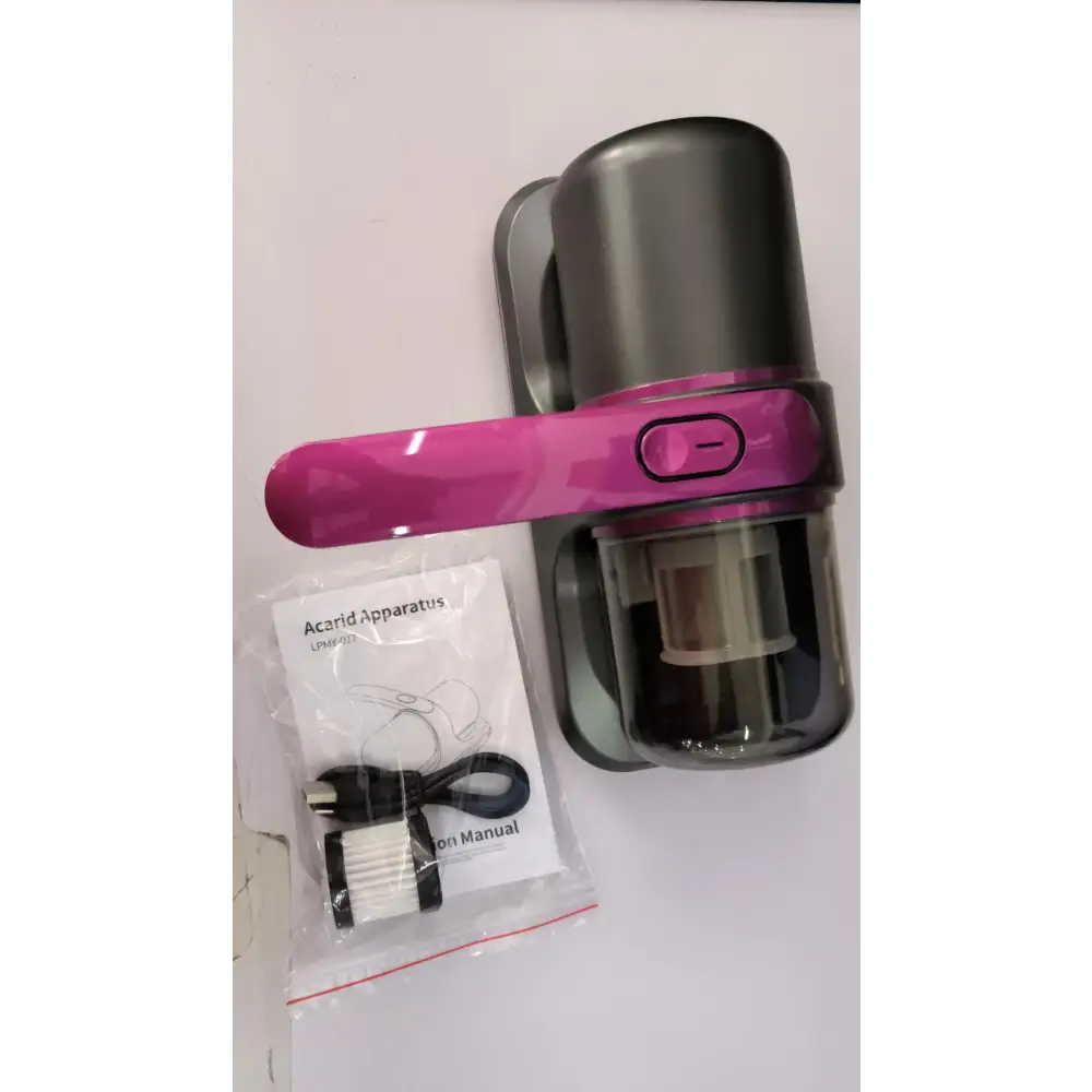 Pink and black wireless uv mite removal vacuum cleaner with sleek modern design and transparent dust collection chamber