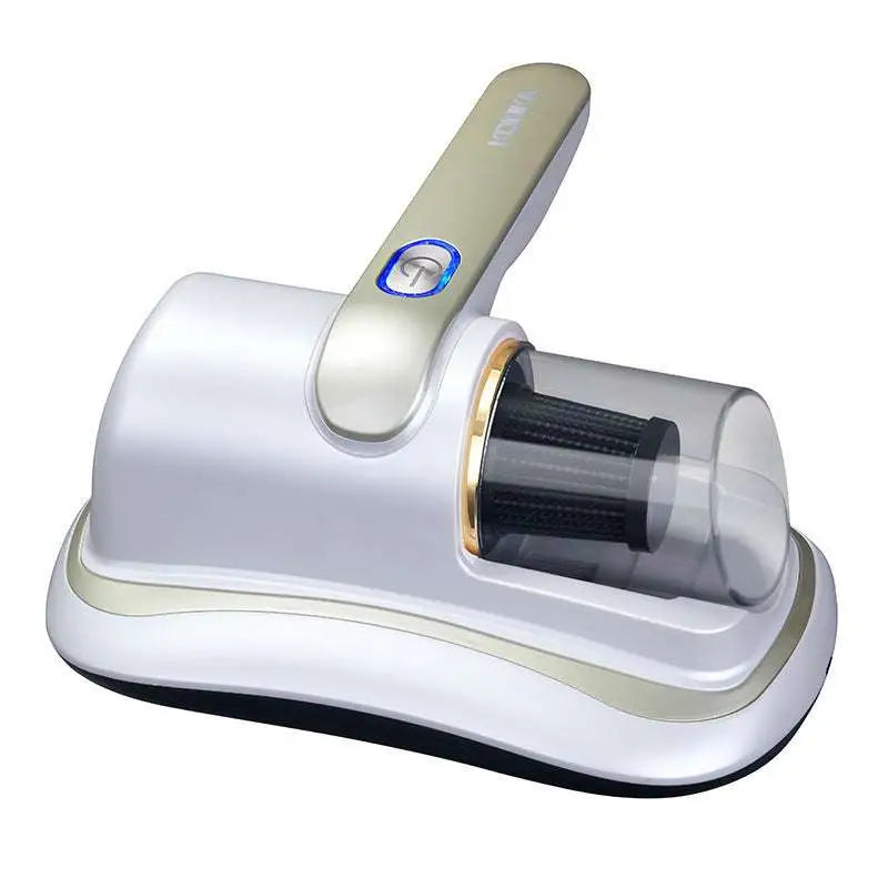 White and gold wireless uv mite removal vacuum cleaner with transparent dust collection chamber handheld fabric cleaner
