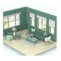 Green wireless vacuum with transparent dust collection and led indicator lights placed on green tufted sofa with matching ottoman