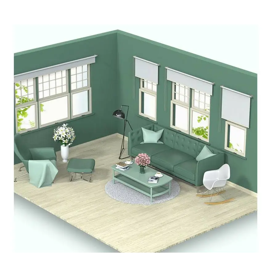 Green wireless vacuum with transparent dust collection and led indicator lights placed on green tufted sofa with matching ottoman