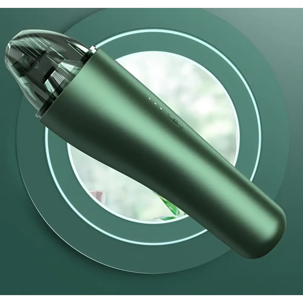 Wireless vacuum cleaner for car and household in sleek matte green with transparent dust collection and led indicator lights