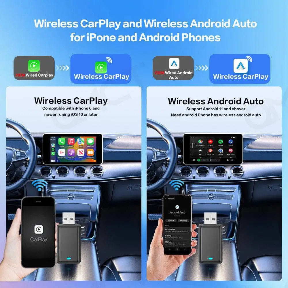 Black rectangular wireless vehicle navigation android auto dongle with glowing blue led indicator on front face