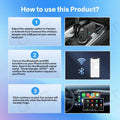 Black wireless vehicle navigation carplay android auto dongle with sleek rectangular design and blue led indicator light
