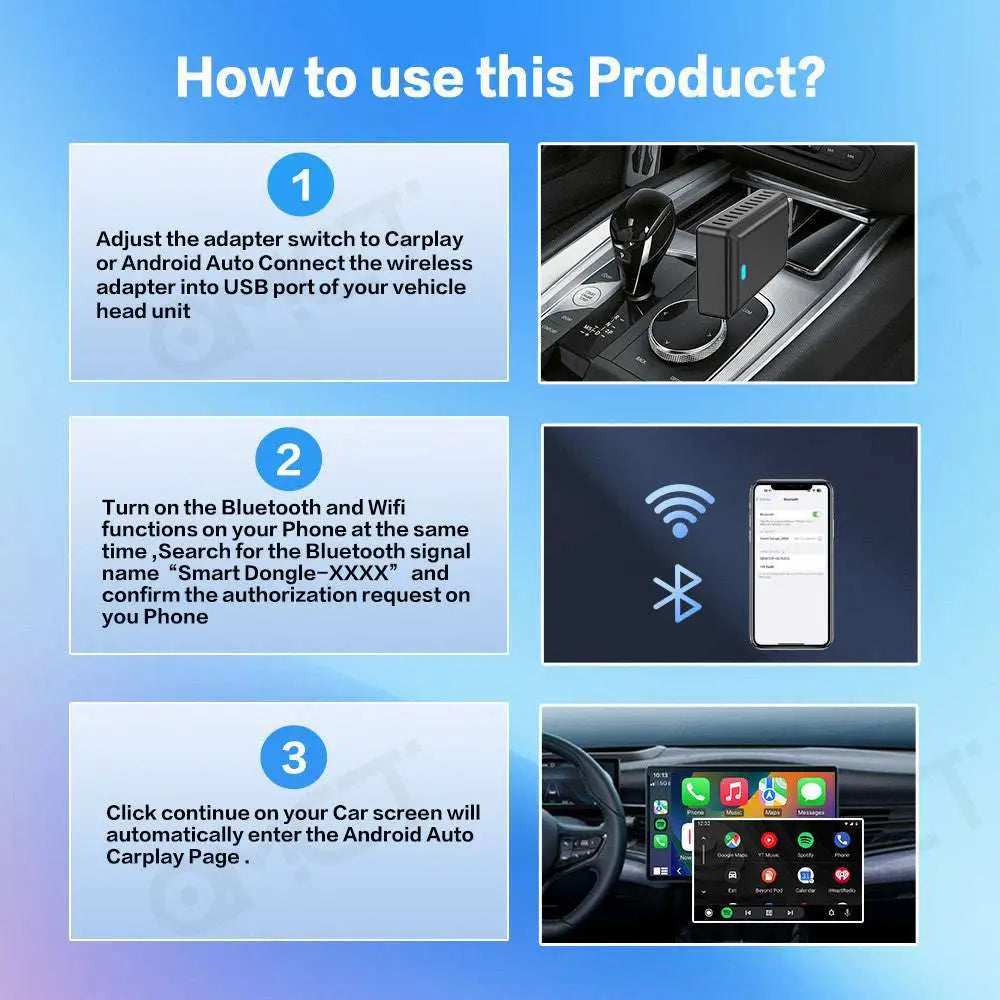 Black wireless vehicle navigation carplay android auto dongle with sleek rectangular design and blue led indicator light