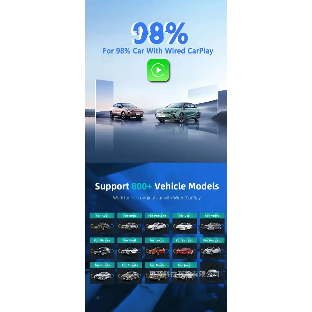 Green and pink electric cars showcased in a sleek ad featuring a wireless vehicle navigation android auto dongle with led indicator