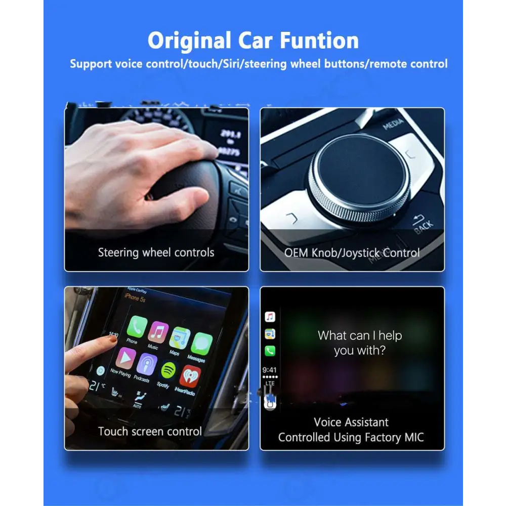 Original car function steering wheel controls with oem knob joystick and touchscreen for wireless vehicle navigation android auto dongle with led indicator