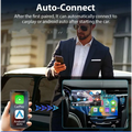 Black wireless vehicle navigation dongle with glossy finish displaying CarPlay Android Auto app icons and LED indicator