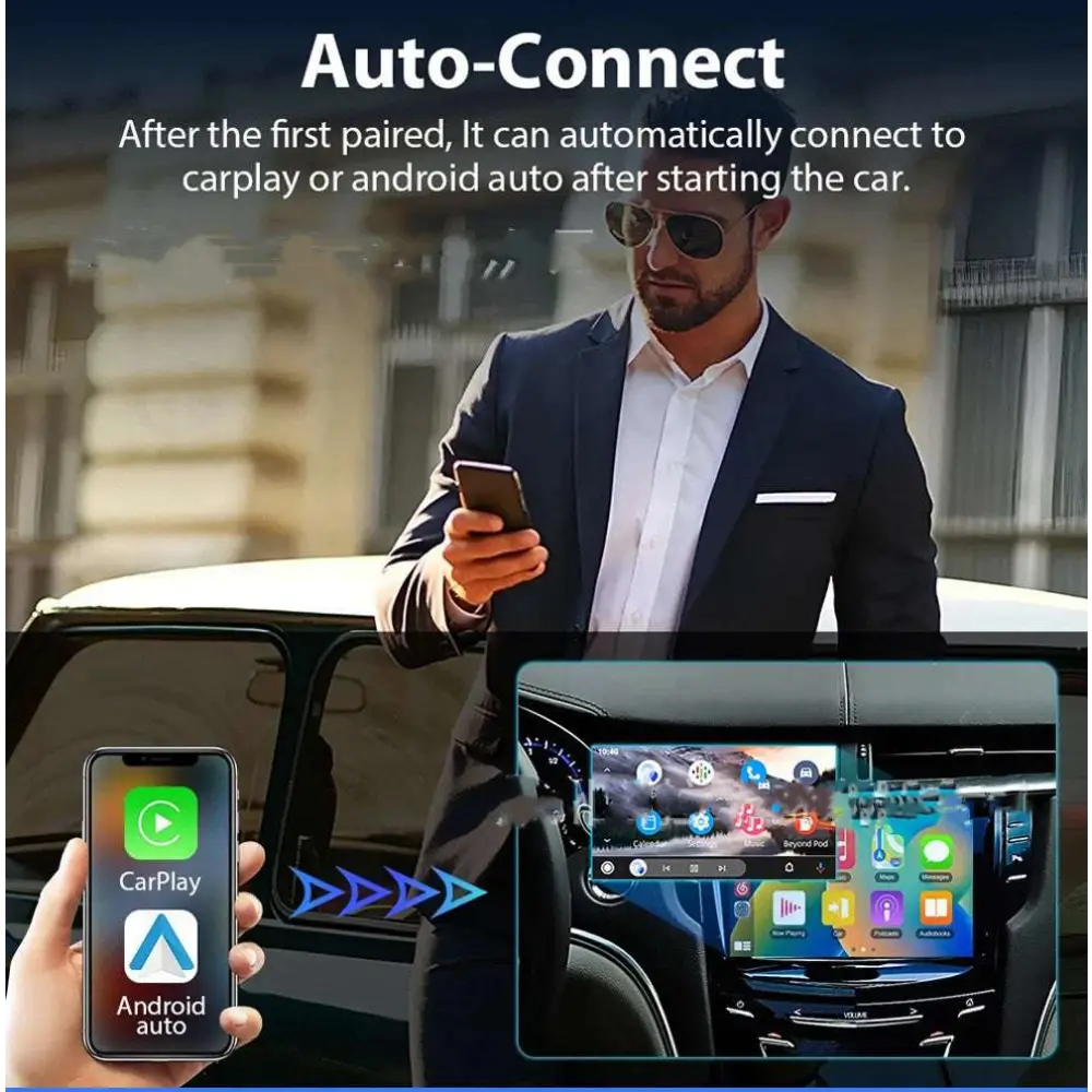 Black wireless vehicle navigation dongle with glossy finish displaying CarPlay Android Auto app icons and LED indicator