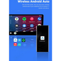 Black smartphone displaying the android auto logo paired with a wireless vehicle navigation android auto dongle with led indicator
