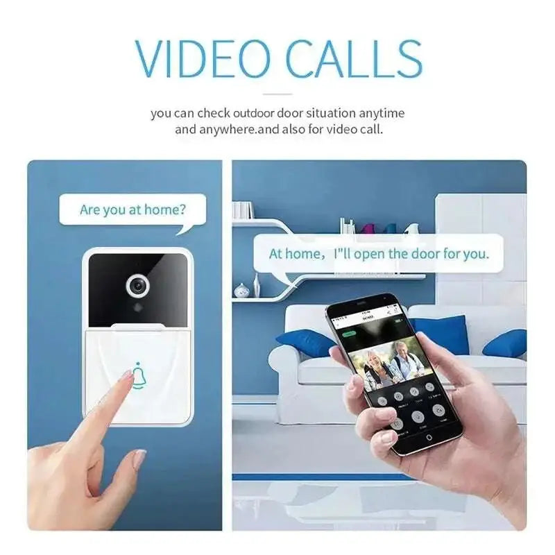 White and black wireless video doorbell with camera lens and bell button featuring 9e9e9e chime speaker for remote video calls