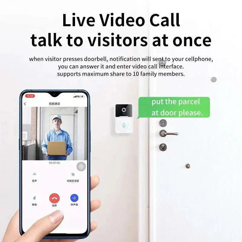 Wireless video doorbell in white and black mounted on a white door with 9e9e9e chime speaker featuring camera lens