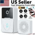 White wireless video doorbell with black lens and glowing blue bell icon paired with 9e9e9e chime speaker featuring matching white unit