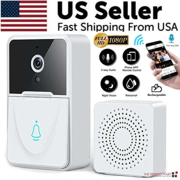 White wireless video doorbell with black lens and glowing blue bell icon paired with 9e9e9e chime speaker featuring matching white unit