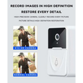 White wireless video doorbell with black lens and bell icon featuring 9e9e9e chime speaker for enhanced alerts