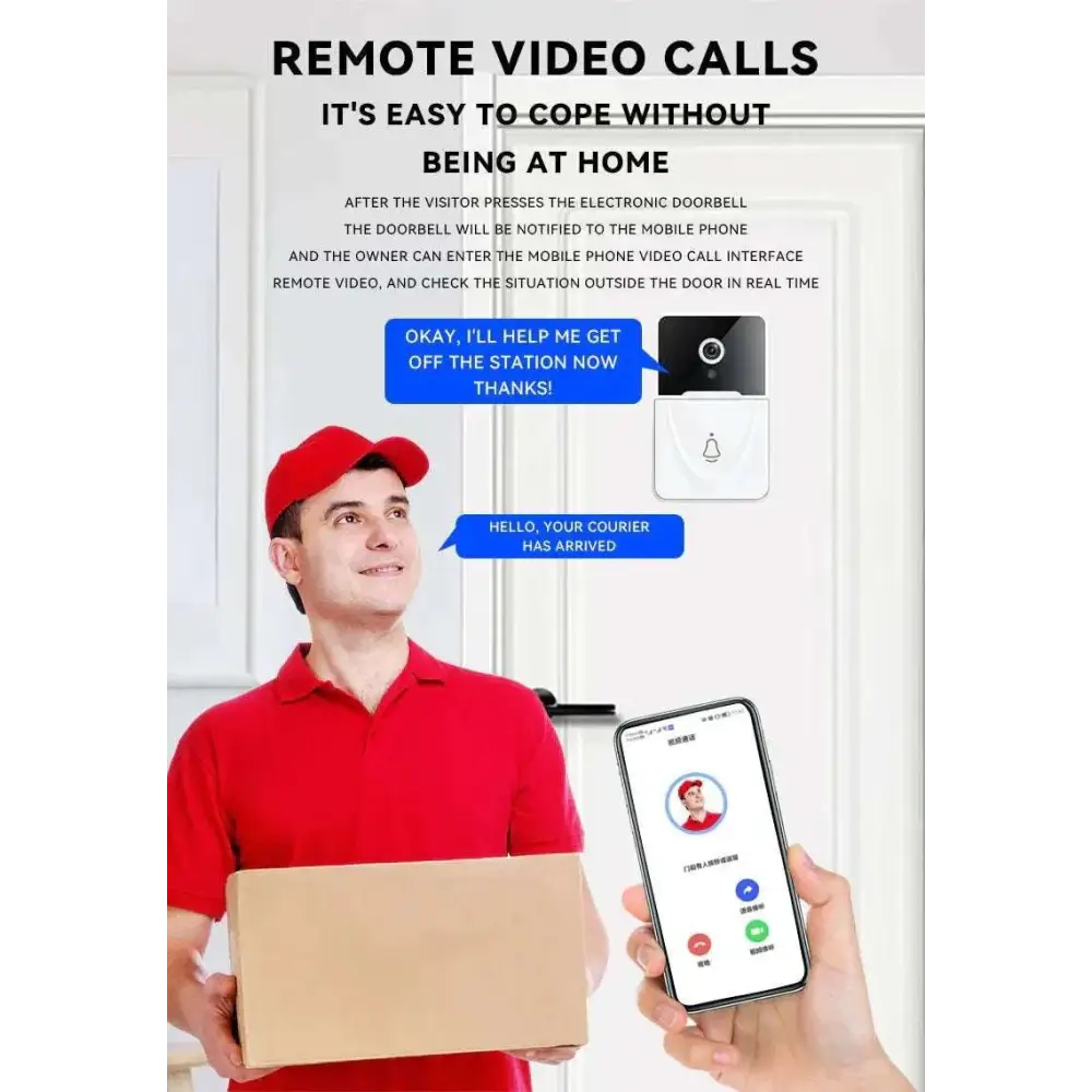 White wireless video doorbell with black camera lens and bell button featuring 9e9e9e chime speaker