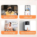 White and gray wireless video doorbell with camera lens and button featuring 9e9e9e chime speaker
