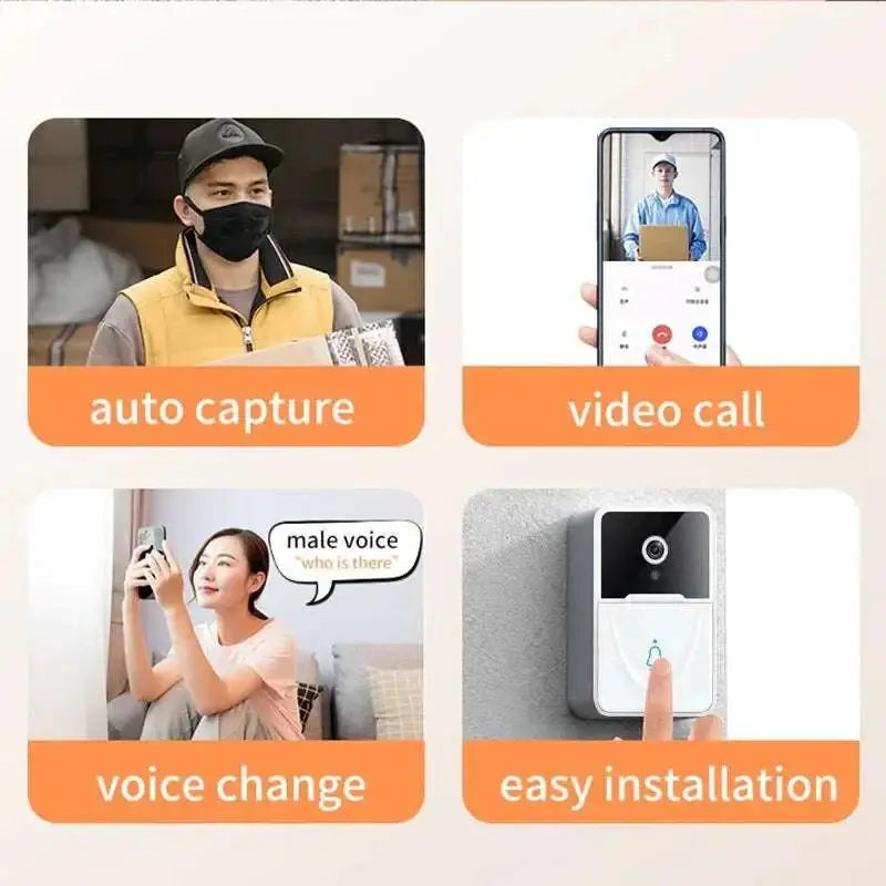 White and gray wireless video doorbell with camera lens and button featuring 9e9e9e chime speaker