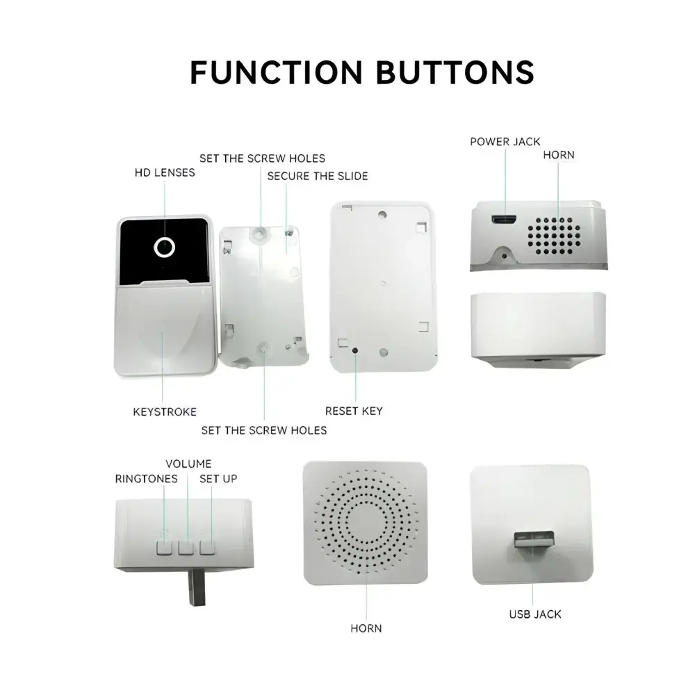 White plastic wireless video doorbell with hd lens power jack horn speaker and 9e9e9e chime speaker featuring usb port
