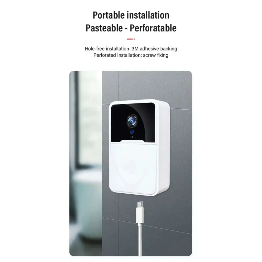 White rectangular wall-mounted wireless video doorbell with black lens panel and 9e9e9e chime speaker featuring mounting options