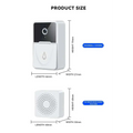 White wireless video doorbell with black lens and bell icon paired with matching white 9e9e9e chime speaker featuring circular holes