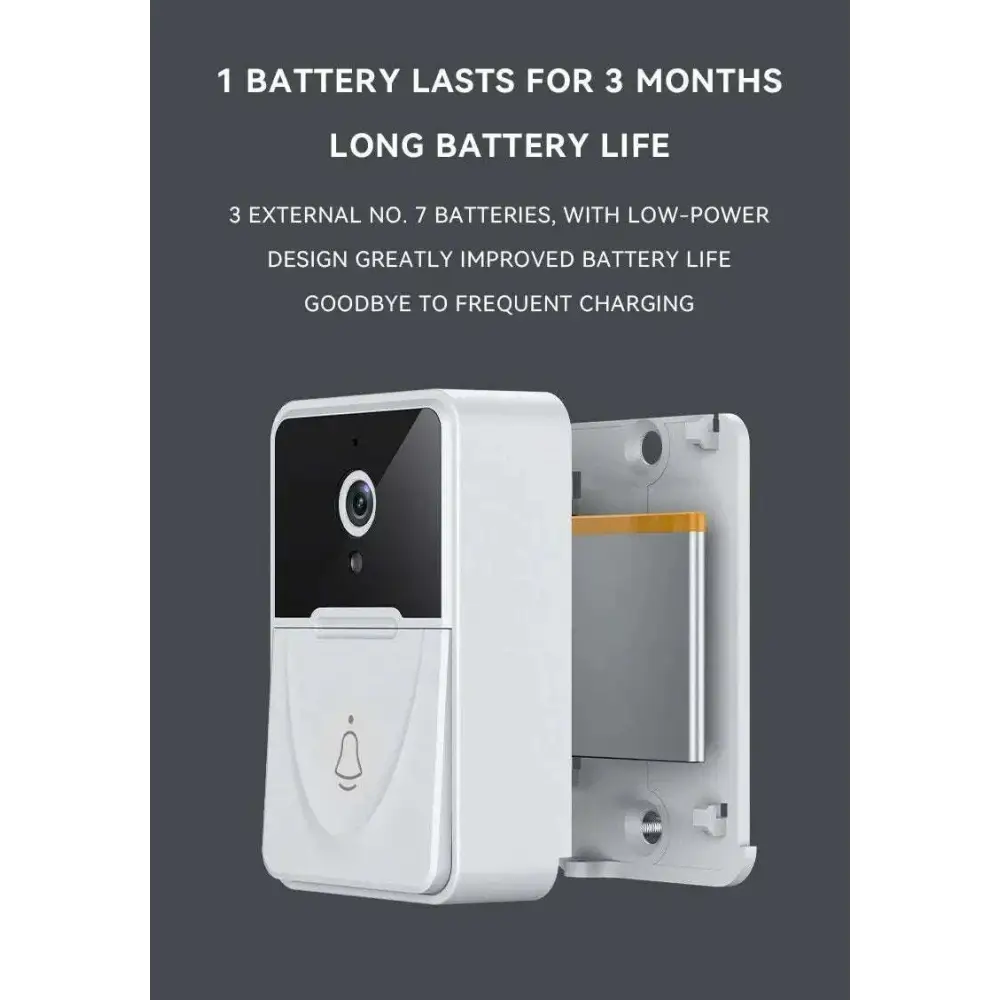 White rectangular wireless video doorbell with black camera lens and chime speaker featuring 9e9e9e color