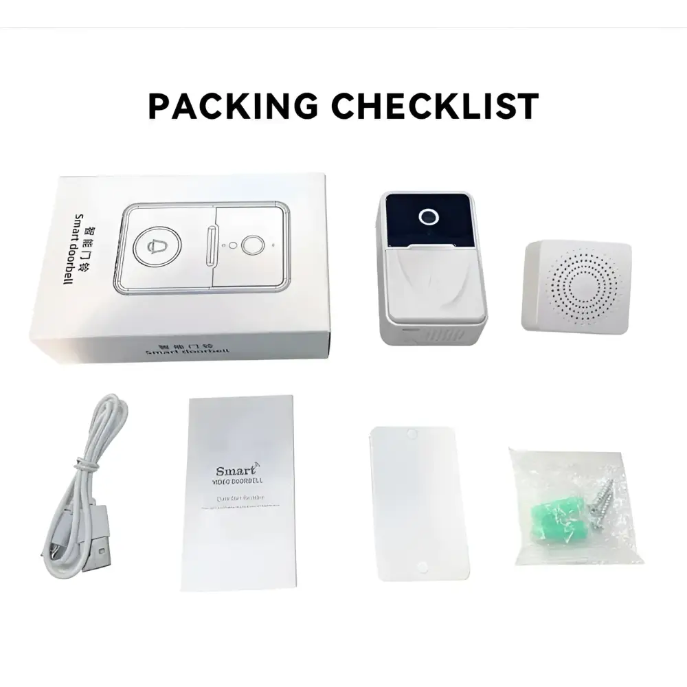 White rectangular wireless video doorbell with black camera lens and circular button featuring 9e9e9e chime speaker