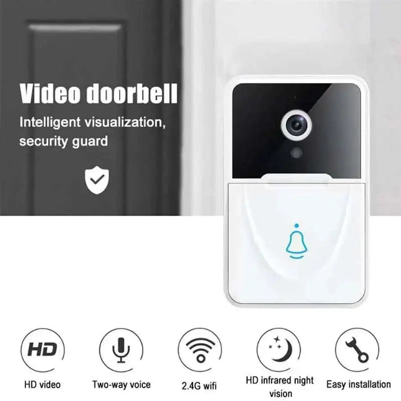 White rectangular wireless video doorbell with black camera lens and chime speaker featuring 9e9e9e design