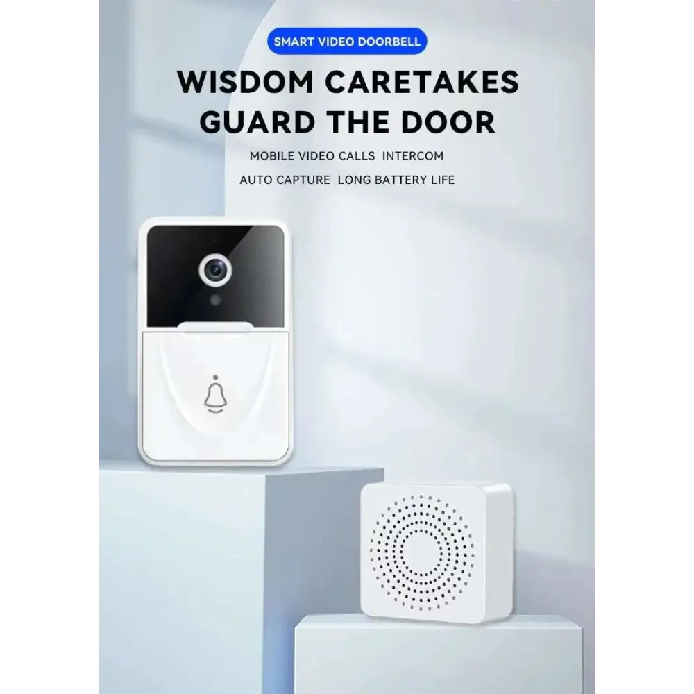 White wireless video doorbell with black camera lens and bell icon paired with matching 9e9e9e chime speaker featuring clear sound