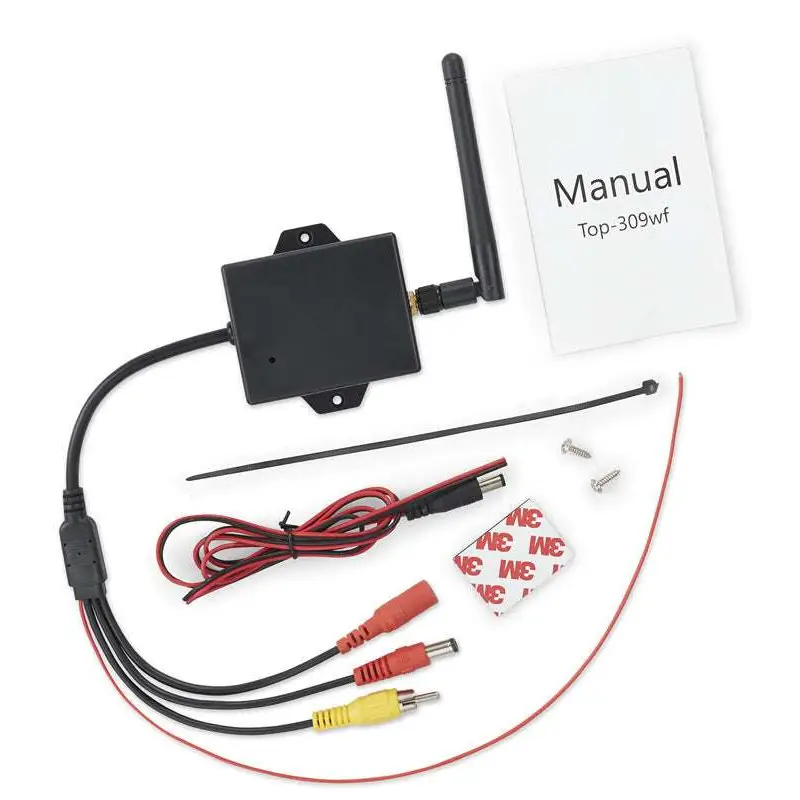 Black rectangular wireless wifi reversing camera av module with antenna and colored cables shown from back side