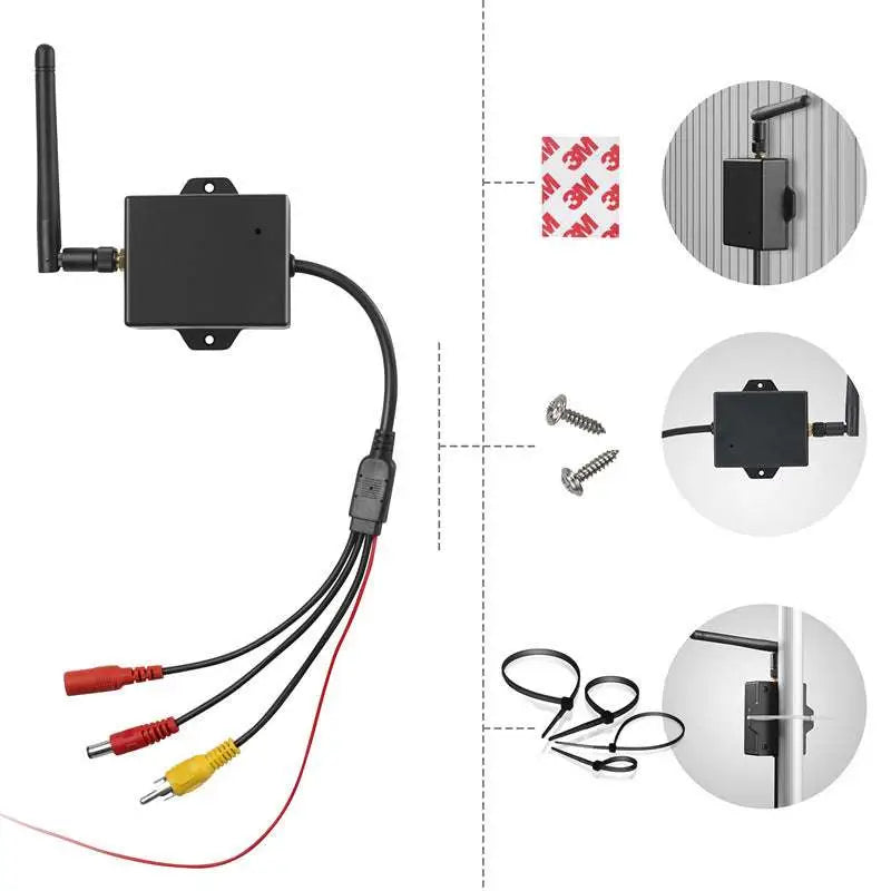 Black rectangular wireless wifi reversing camera av module with single antenna and rca cables connected at back side
