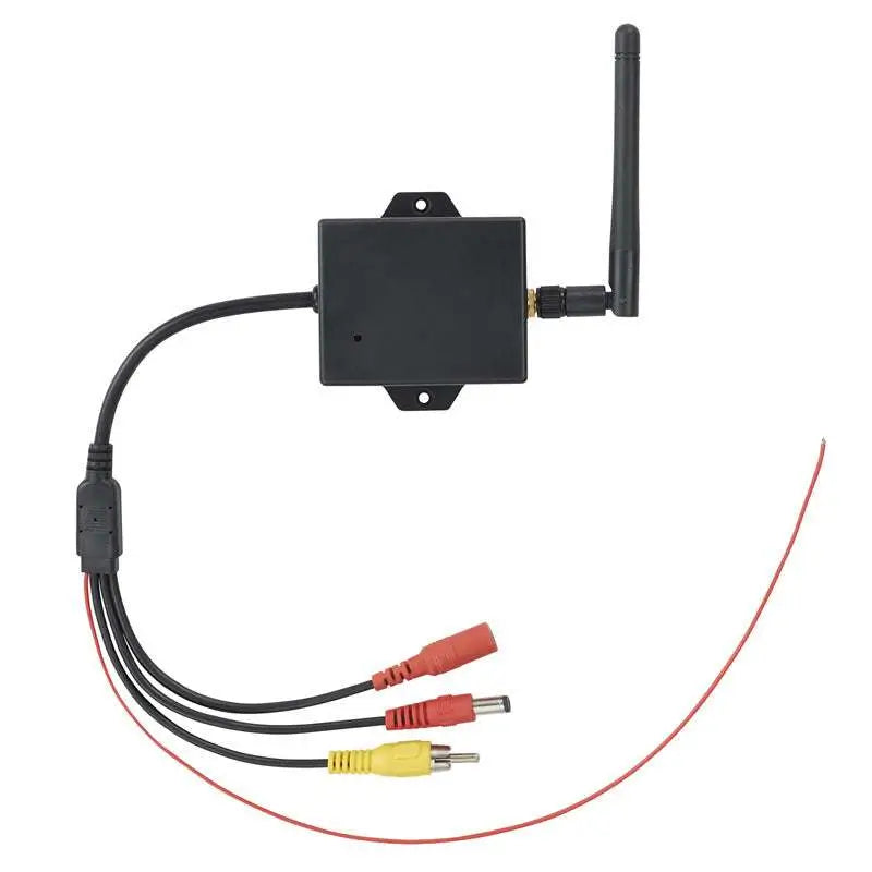 Black rectangular wireless wifi reversing camera av module with antenna and three colored rca connectors back side view