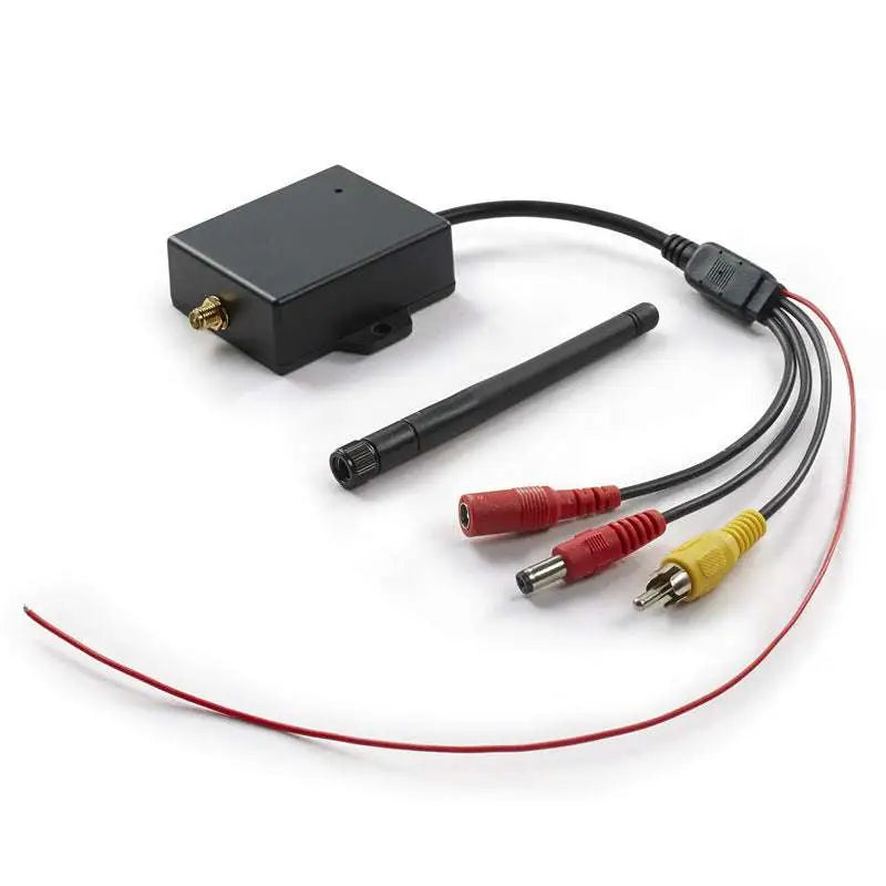 Black rectangular wireless wifi reversing camera av module with gold antenna connector black antenna and rca cables back view