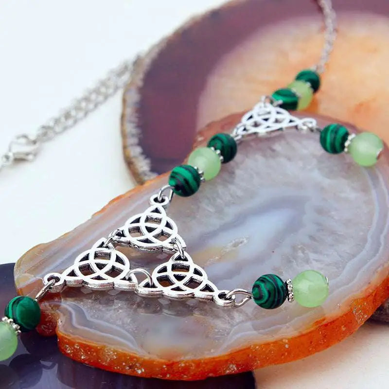 Silver celtic knot pendant necklace with green malachite and light green jade beads for witchcraft irish knot pagan headpiece