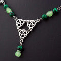 Silver celtic knot pendant necklace with green malachite and jade beads for witchcraft irish knot pagan headpiece use