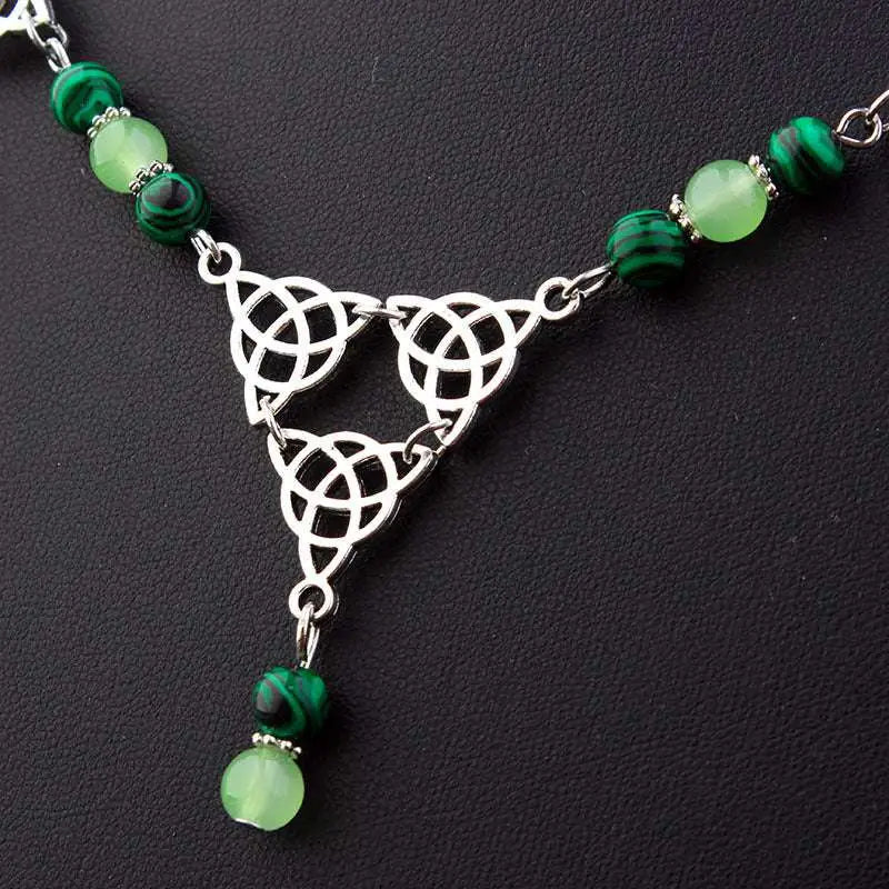Silver celtic knot pendant necklace with green malachite and jade beads for witchcraft irish knot pagan headpiece use