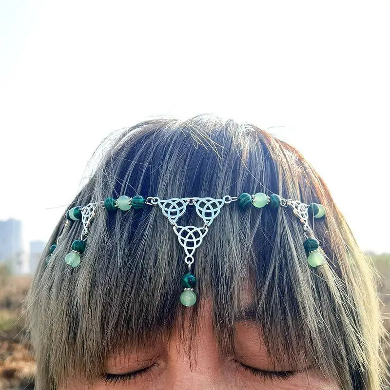 Silver celtic knot pagan headpiece with green jade beads and dangling charms for witchcraft irish knot style