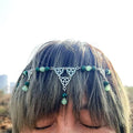 Silver celtic knot pagan headpiece with green jade beads and dangling charms for witchcraft irish knot style