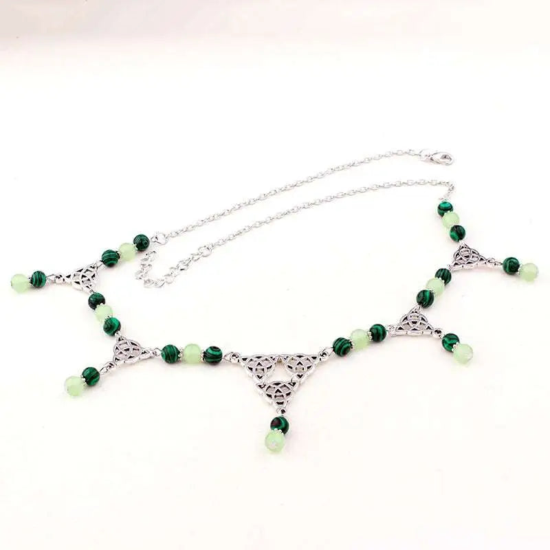 Silver celtic witchcraft Irish knot pagan headpiece with intricate knotwork and alternating malachite and jade beads