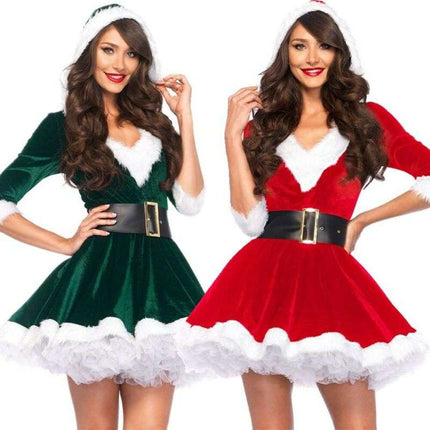Women Christmas Dress Sexy Santa Claus Hoodie Cosplay Costumes Women Evening Party Clothes Winter Warm Dresses - Royalessencelux