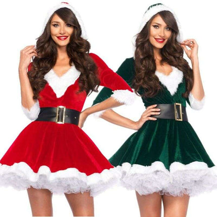 Women Christmas Dress Sexy Santa Claus Hoodie Cosplay Costumes Women Evening Party Clothes Winter Warm Dresses - Royalessencelux