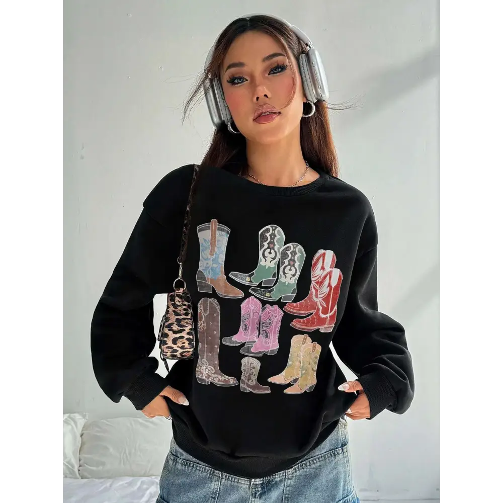 Black women cowboy boots round neck pullover sweatshirt featuring colorful cowboy boots print patterns