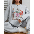 Gray oversized round neck pullover featuring colorful women cowboy boots print in various patterns and hues