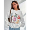 White oversized round neck pullover featuring a colorful women cowboy boots print in various styles and hues