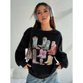 Black women cowboy boots round neck pullover sweatshirt with colorful cowboy boots print in various patterns and hues