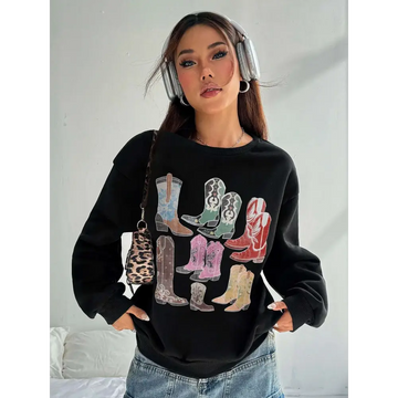 Black women cowboy boots round neck pullover sweatshirt with colorful cowboy boots print in various patterns and hues