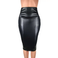 Black women high waist faux leather pencil skirt with sleek, form-fitting design and patent leather finish