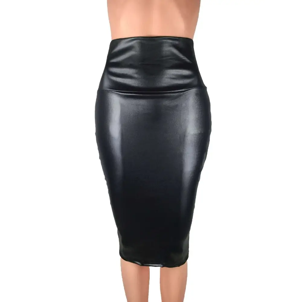 Black women high waist faux leather pencil skirt with sleek, form-fitting design and patent leather finish