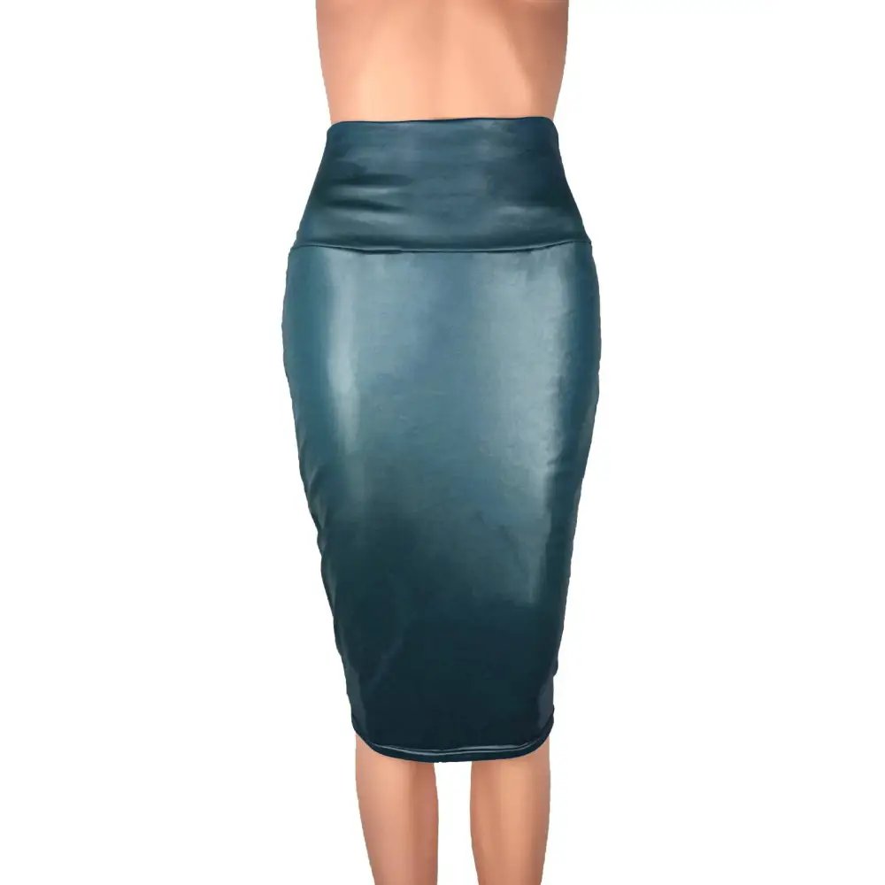 A sleek women high waist faux leather pencil skirt in glossy teal suitable for formal and casual wear
