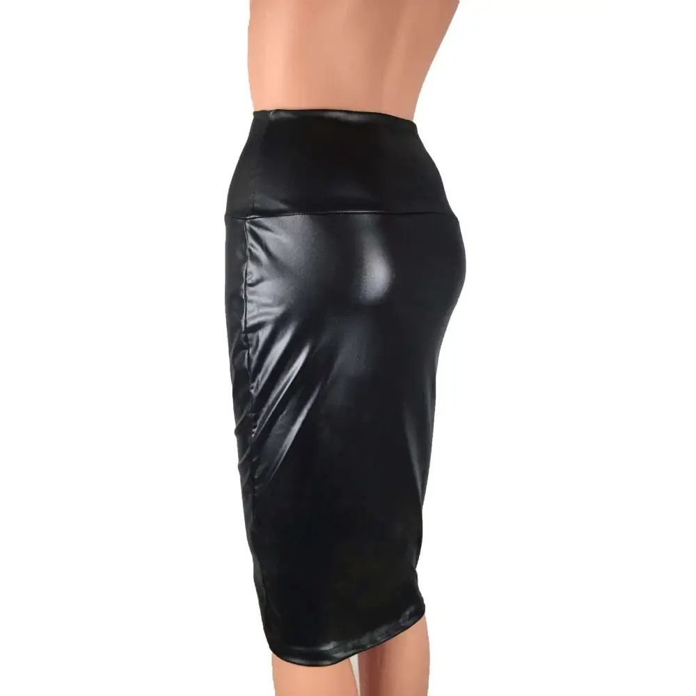 Women high waist black faux leather pencil skirt with shiny, sleek, and form fitting design